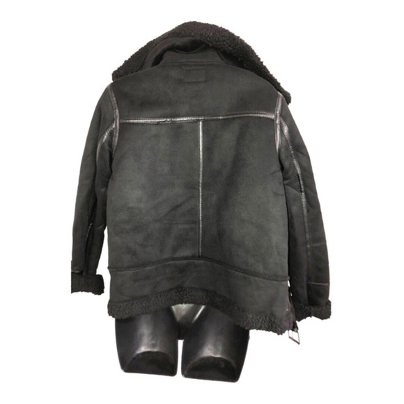 Black moto bomber buckled faux shearling biker jacket coat size small new - Picture 6 of 16